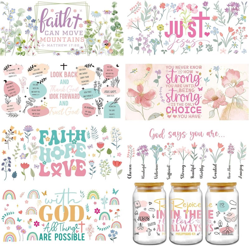 AFRITEE Bible UV DTF Cup Wraps - 8 Sheets Inspirational Quotes Uvdtf Tumbler Wrap for 16 oz Glass Water Bottle, Christian Jesus Flowers Transfer Stickers DIY Coffee Mug Craft Decor Religious Gifts for Women - Image 1